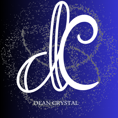 Dean Crystal logo light blue to dark blue background with capital D & C with grey sparkles circling around the initials.